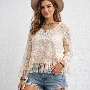 Jessica Max Crochet Fringe Top Boho Festival Lace USA Bell Sleeve L Ivory Y2K